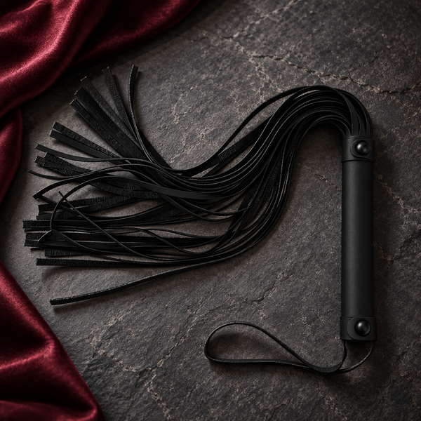 Zwarte kunstleren FlexToyz flogger op donkere steen met bordeauxrood satijn