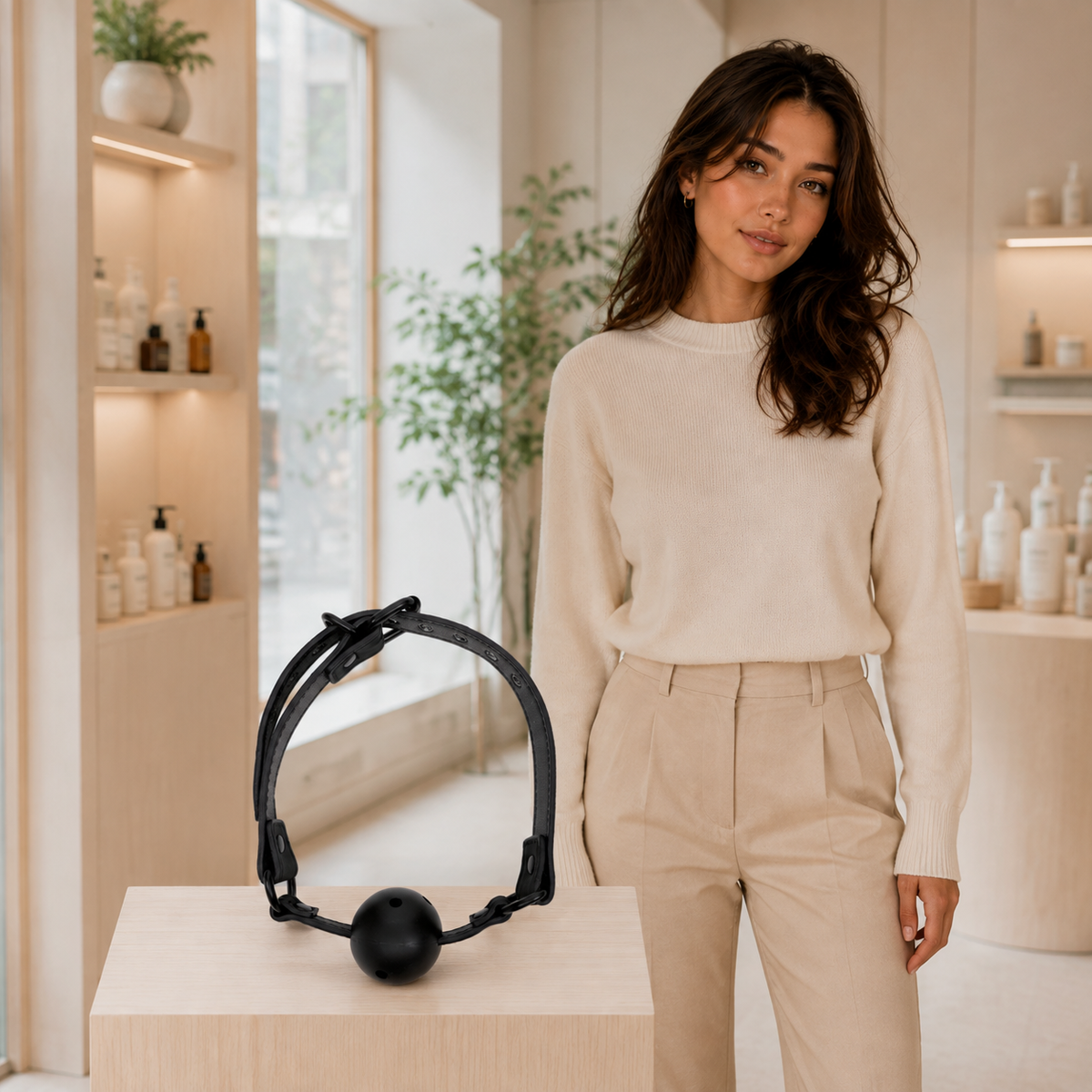 Alessia naast een afzonderlijk gepresenteerde zwarte ball gag in een stijlvolle wellnesswinkel