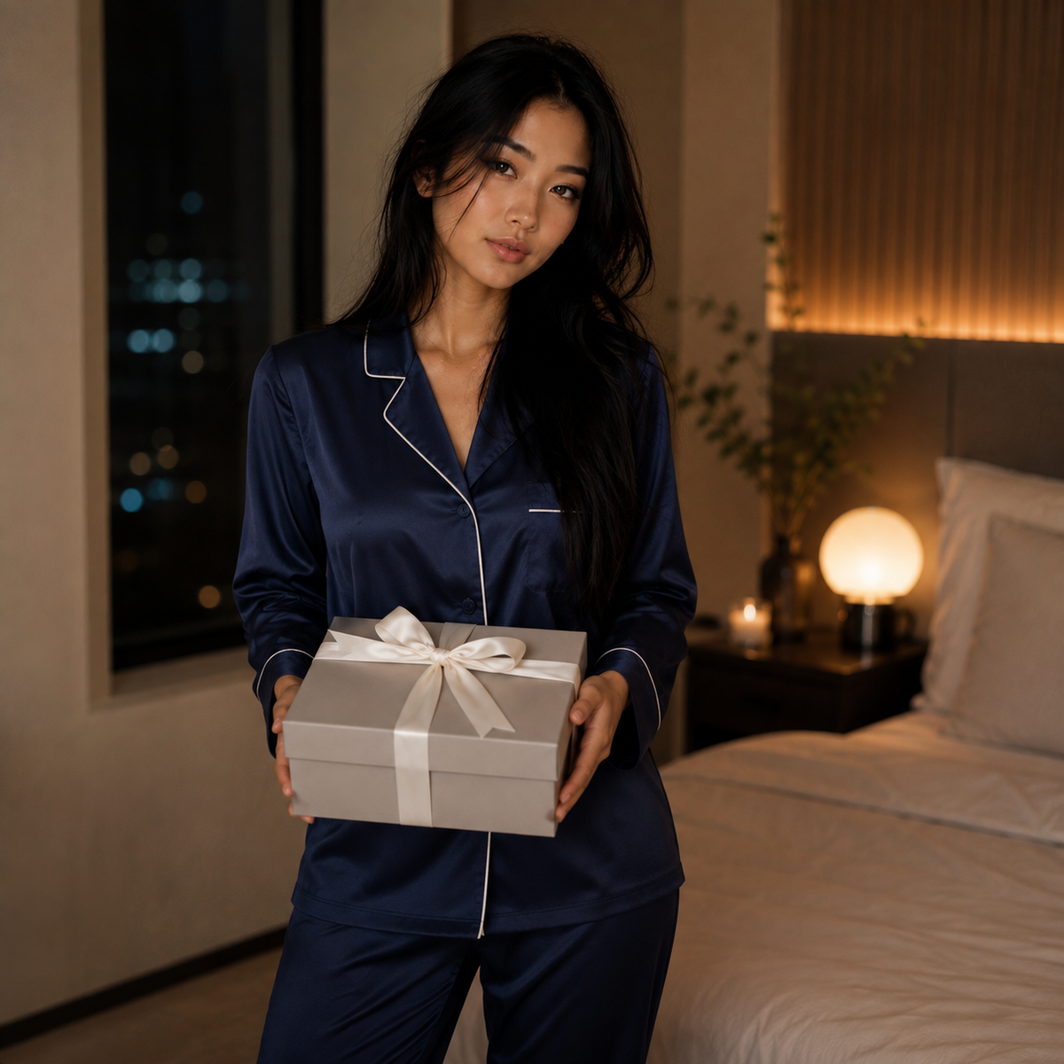 Hana presenteert de gesloten verpakking van de FlexToyz buttplug set in een warme slaapkamer