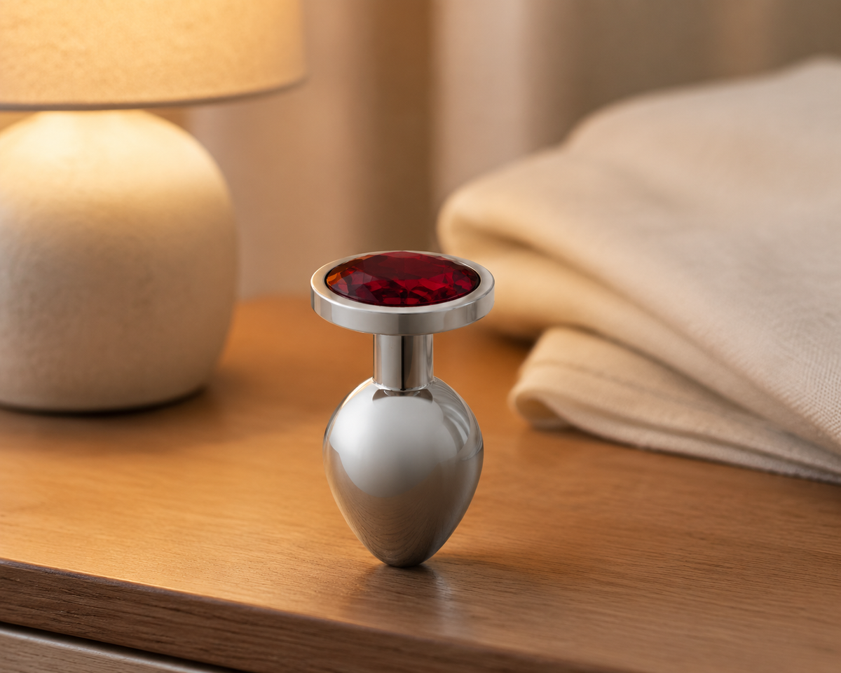 Grote zilveren buttplug met rode diamant stijlvol geplaatst op een warm nachtkastje