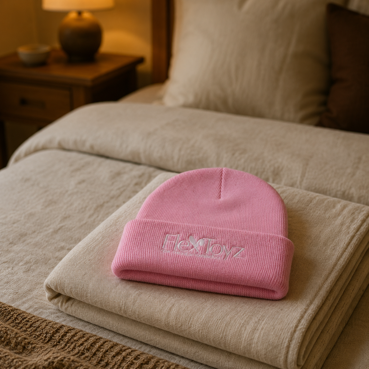 Roze FlexToyz beanie met wit logo op gevouwen linnen in een warme slaapkamer