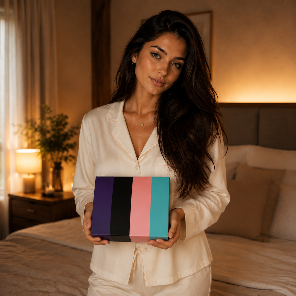 Isabella in volledig geklede pyjama presenteert gesloten multikleurige FlexToyz giftbox