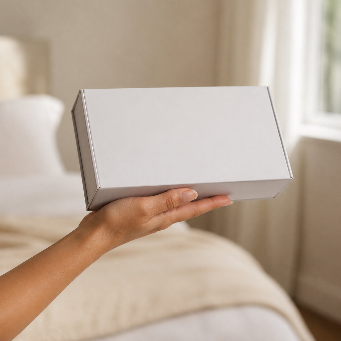 Hand houdt gesloten matwitte FlexToyz giftbox voor duidelijke schaalweergave