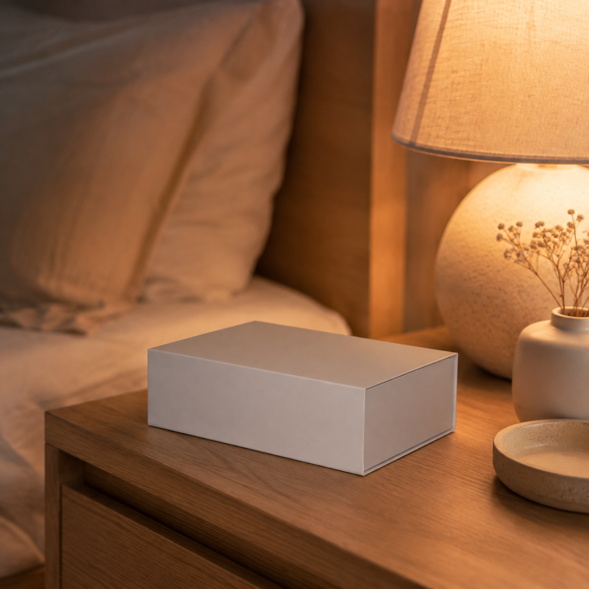 Gesloten witte FlexToyz giftbox op houten nachtkastje bij warme lamp