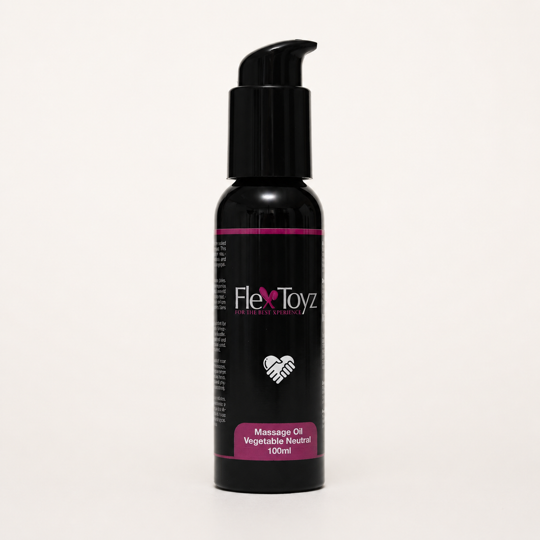 FlexToyz vegan massageolie met kruidige geur in zwarte pompflacon op neutrale achtergrond