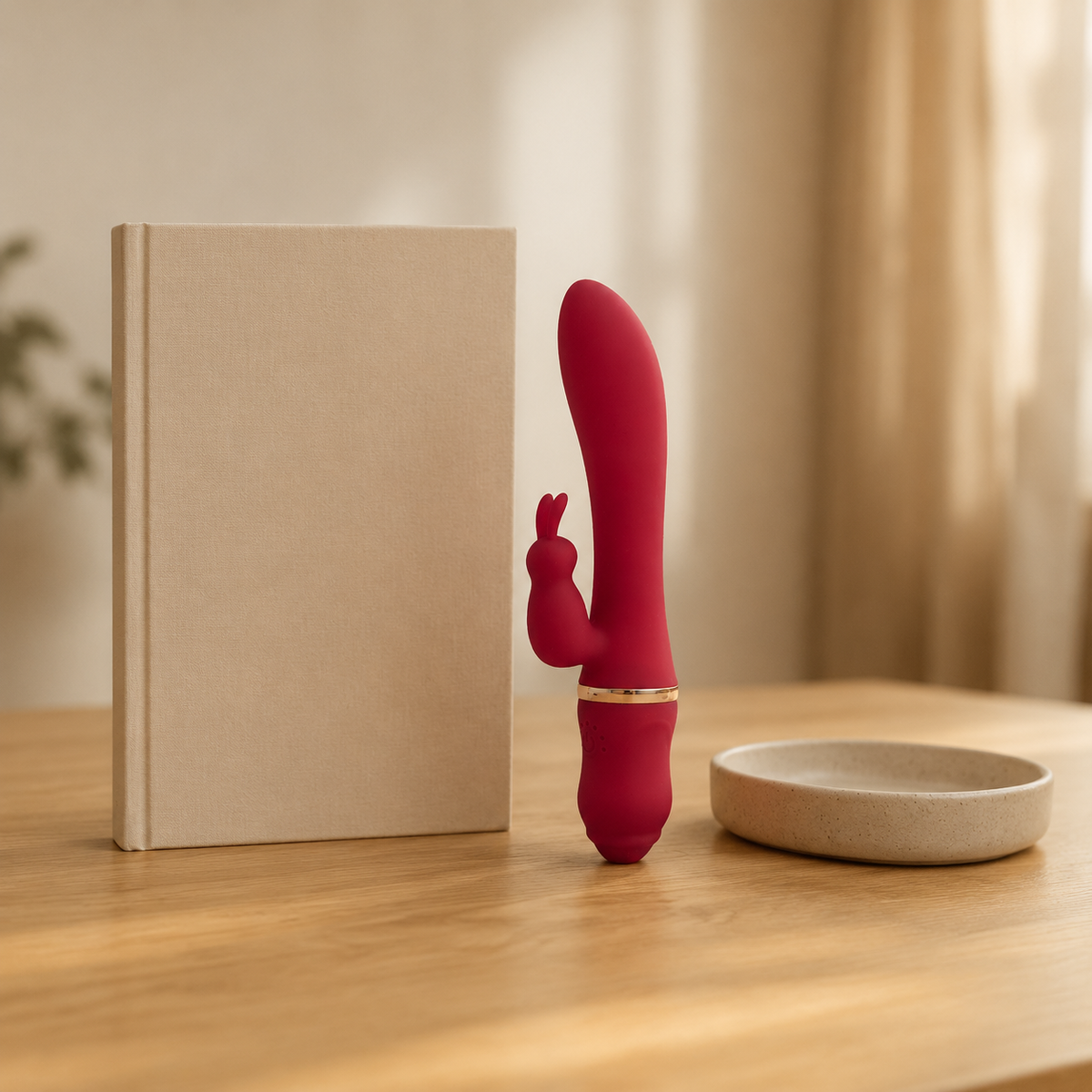 Rode FlexToyz Rabbit Vibrator naast A5-notitieboek voor duidelijke schaalweergave