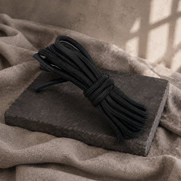 Zwart katoenen FlexToyz BDSM-touw op een donkere stenen plaat met zacht taupekleurig linnen