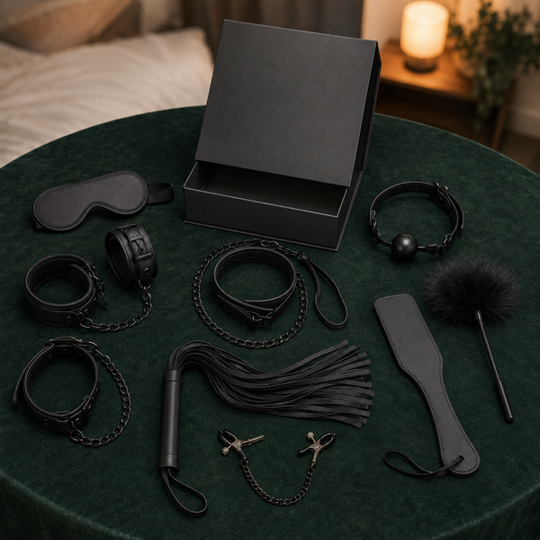 Complete zwarte BondageKit 1 van FlexToyz met giftbox op donkergroen fluweel