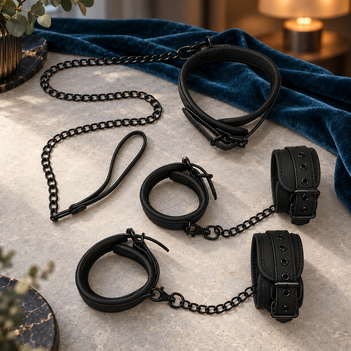 Complete zwarte FlexToyz BondageKit 3 met halsband, riem, handboeien en enkelboeien op lichte steen