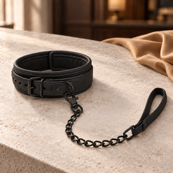 Zwarte verstelbare FlexToyz halsband met kettingriem en handlus op lichte natuursteen