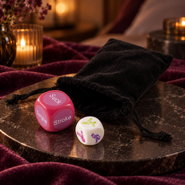 Roze en witte FlexToyz Kama Sutra dobbelstenen met zwart fluwelen zakje in luxe setting