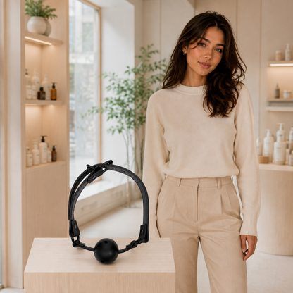 Alessia naast een afzonderlijk gepresenteerde zwarte ball gag in een stijlvolle wellnesswinkel