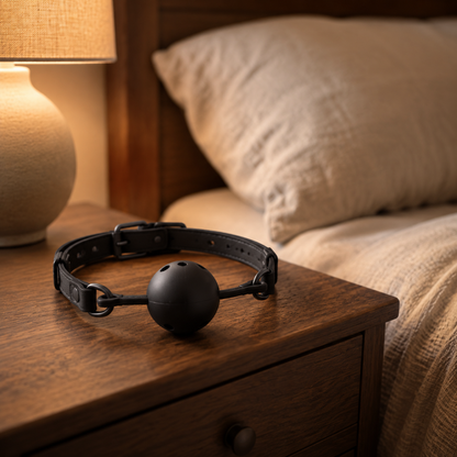 Zwarte ball gag met comfortabele band op een houten nachtkastje in een warme slaapkamer