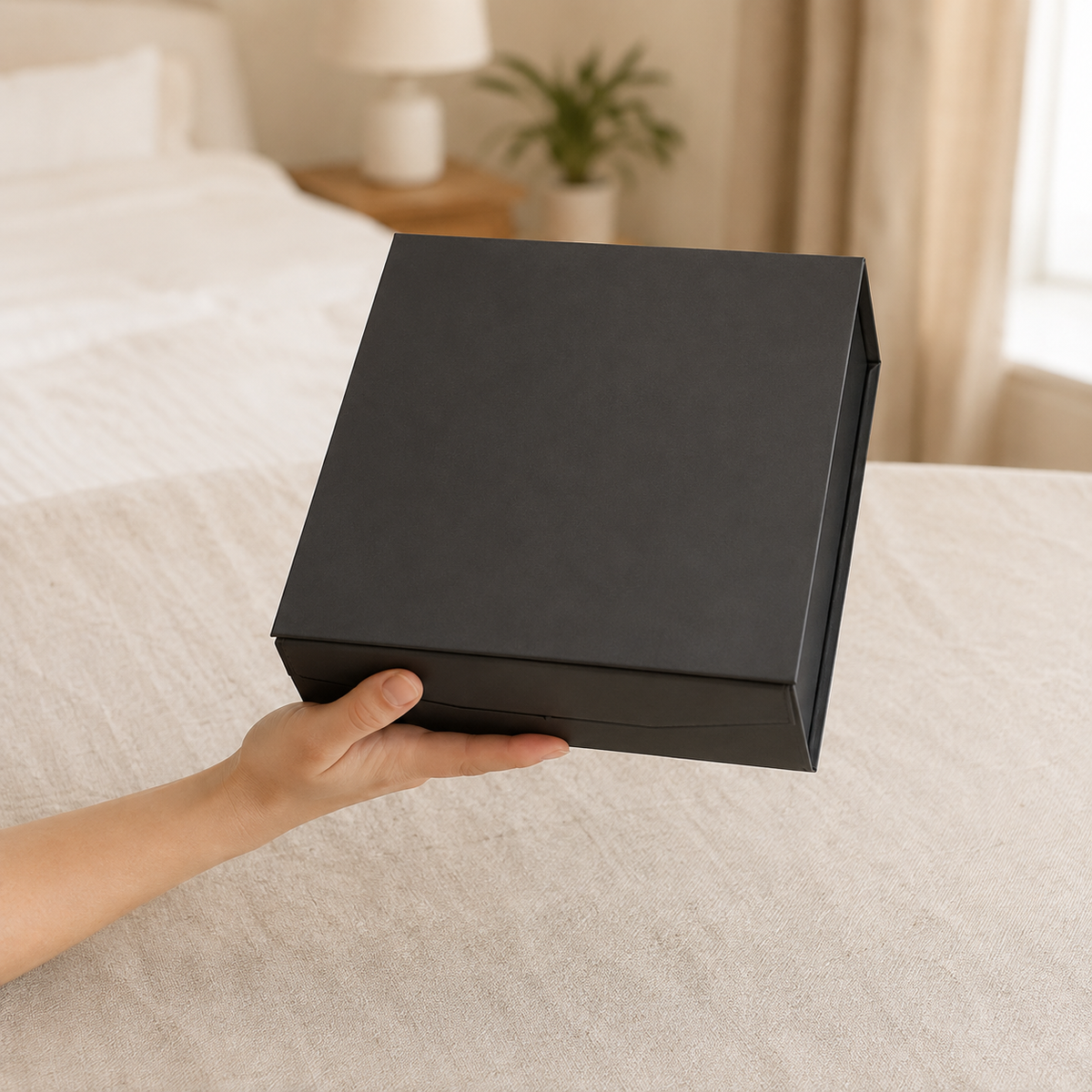 Hand houdt de inbegrepen zwarte FlexToyz giftbox van BondageKit 1 vast