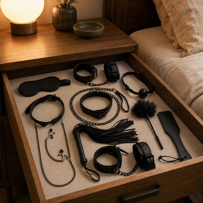 Complete zwarte BondageKit 1 netjes opgeborgen in een houten nachtkastlade