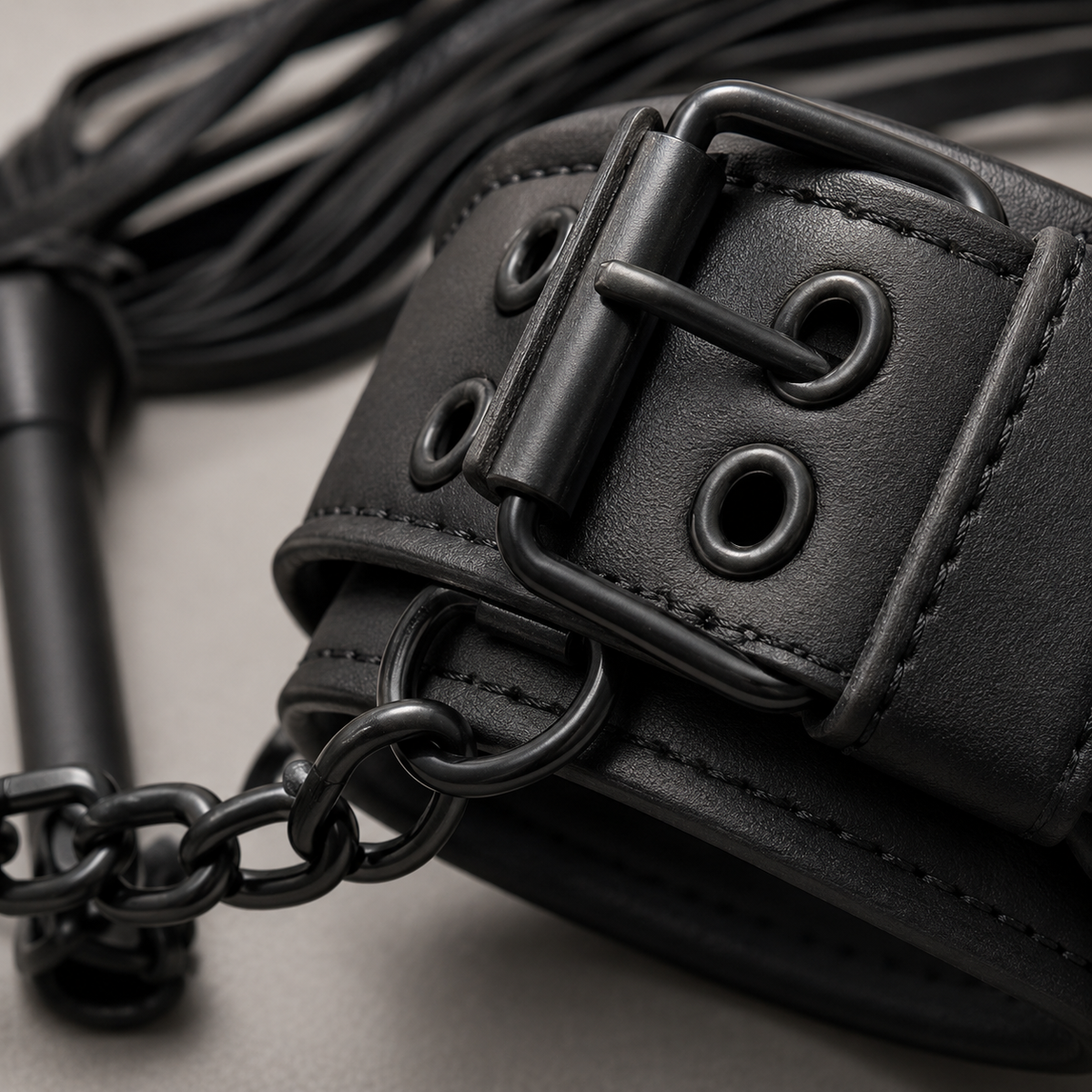 Detailfoto van de zwarte kunstleren boeien, metalen gesp, stiksels en ketting van BondageKit 1