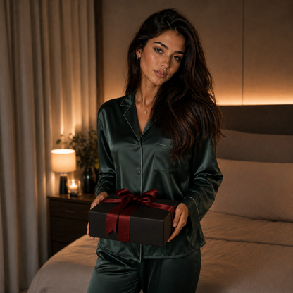 Isabella presenteert de gesloten verpakking van de zwarte FlexToyz buttplug set in een slaapkamer