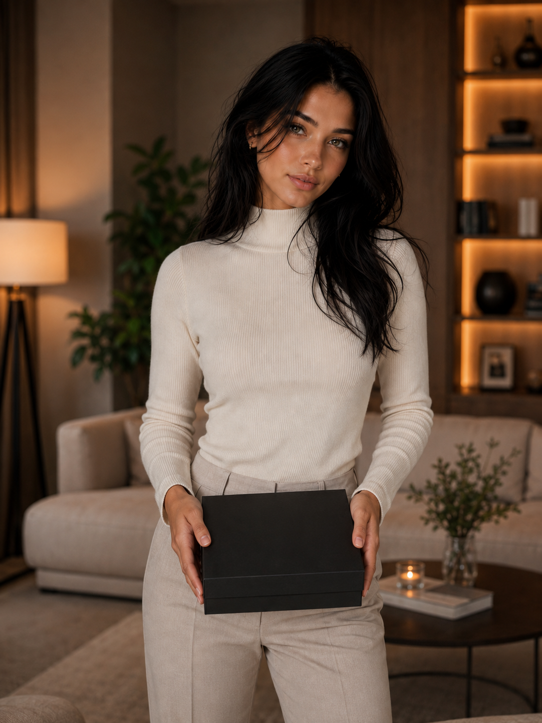 Model Noa presenteert de gesloten verpakking van de grote zilveren buttplug met rode diamant