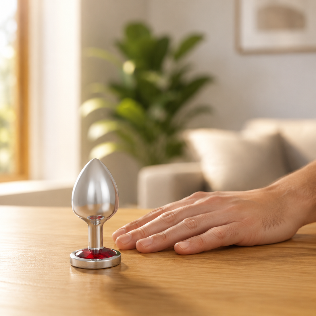 Schaalbeeld van de grote zilveren buttplug met rode diamant naast een hand