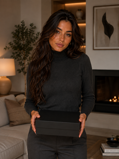 Model Skye presenteert de gesloten verpakking van de middelgrote zilveren buttplug met rode diamant