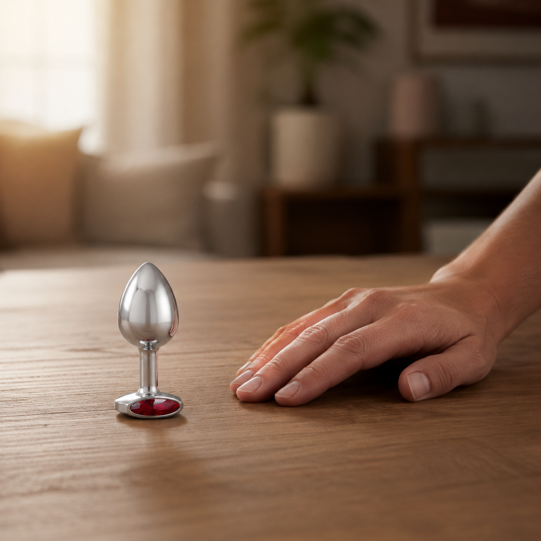 Schaalbeeld van de middelgrote zilveren buttplug met rode diamant naast een hand