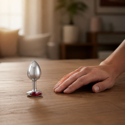 Schaalbeeld van de middelgrote zilveren buttplug met rode diamant naast een hand
