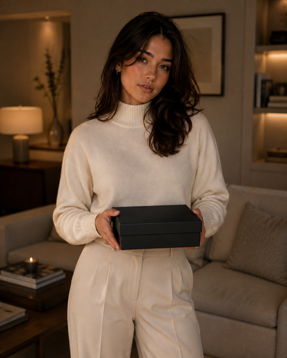 Model Alessia presenteert de gesloten verpakking van de kleine zilveren buttplug met rode diamant