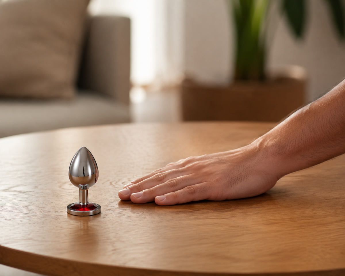 Schaalbeeld van de kleine zilveren buttplug met rode diamant naast een hand