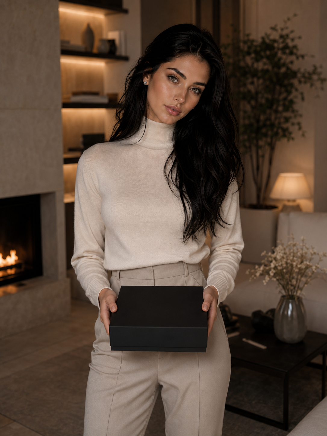 Model Camille presenteert de gesloten verpakking van de middelgrote zilveren buttplug met witte diamant