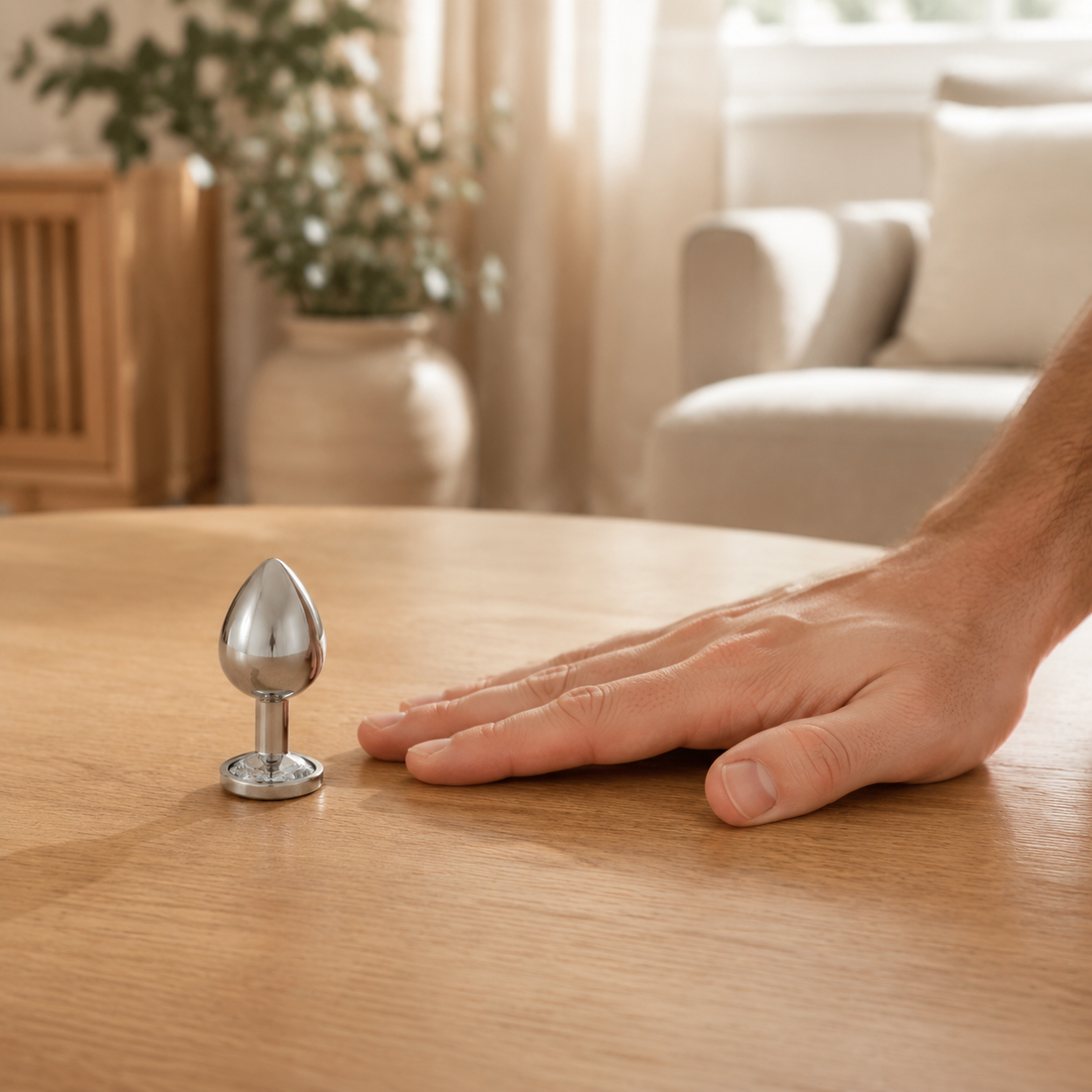 Schaalbeeld van de kleine zilveren buttplug met witte diamant naast een hand