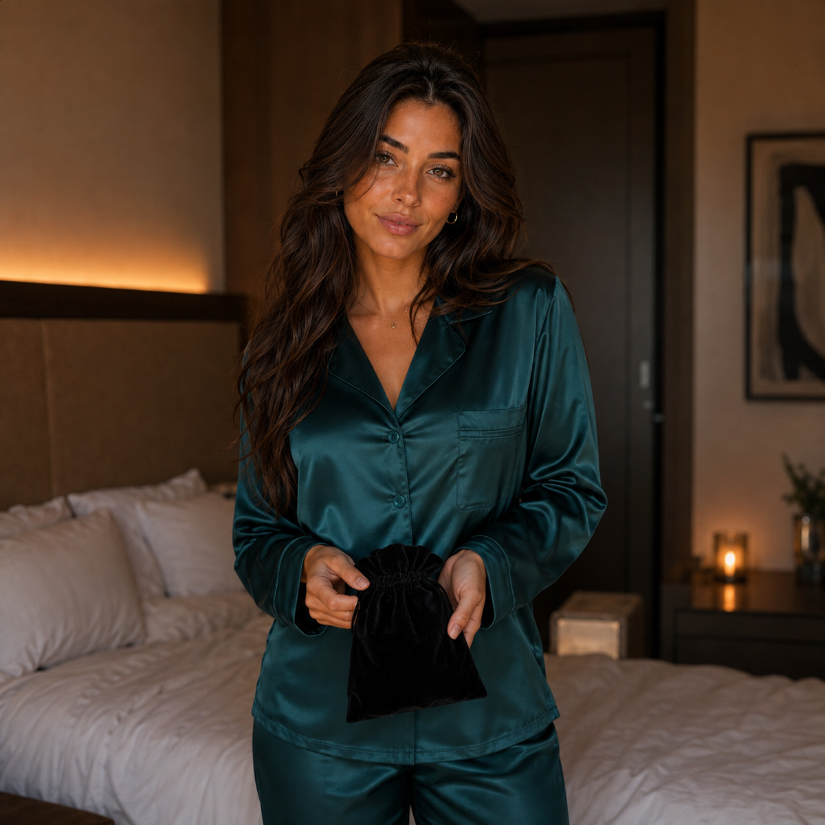 Skye in donkergroene pyjama presenteert gesloten zwart fluwelen zakje van FlexToyz dobbelspel