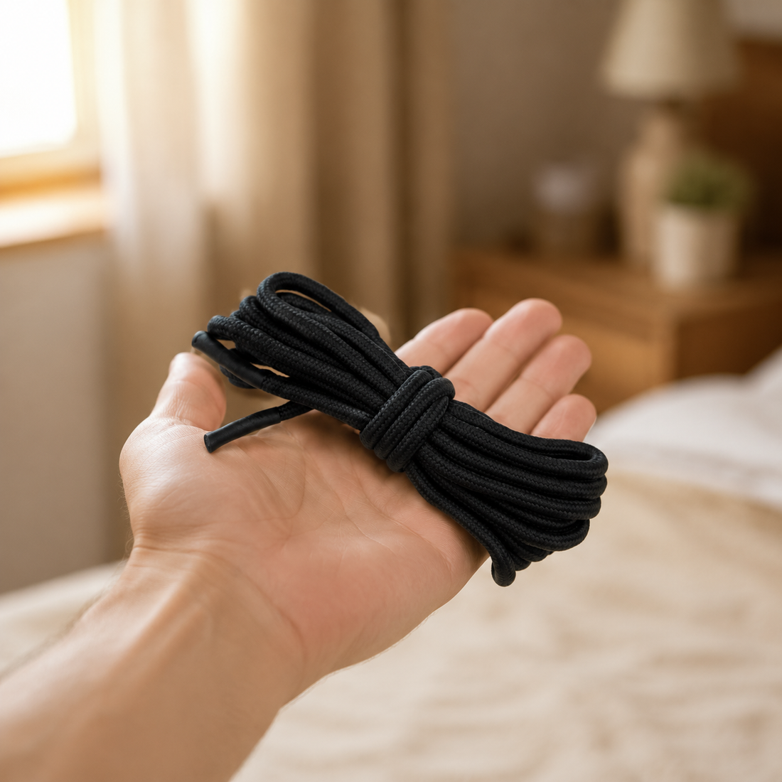 Hand houdt opgerold zwart FlexToyz BDSM touw voor schaal en materiaalweergave