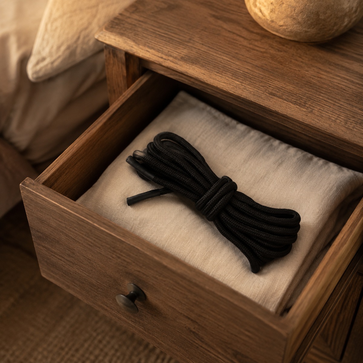 Zwart FlexToyz BDSM touw discreet opgeborgen in een houten nachtkastlade