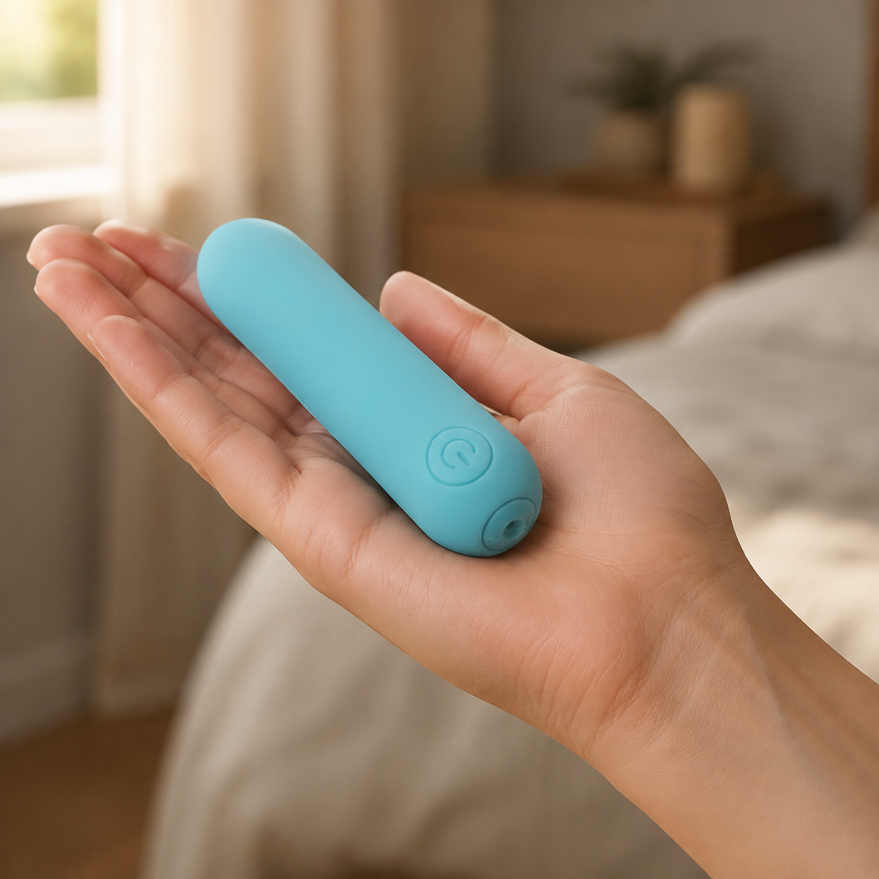 Hand houdt compacte groene FlexToyz bullet vibrator voor duidelijke schaalweergave