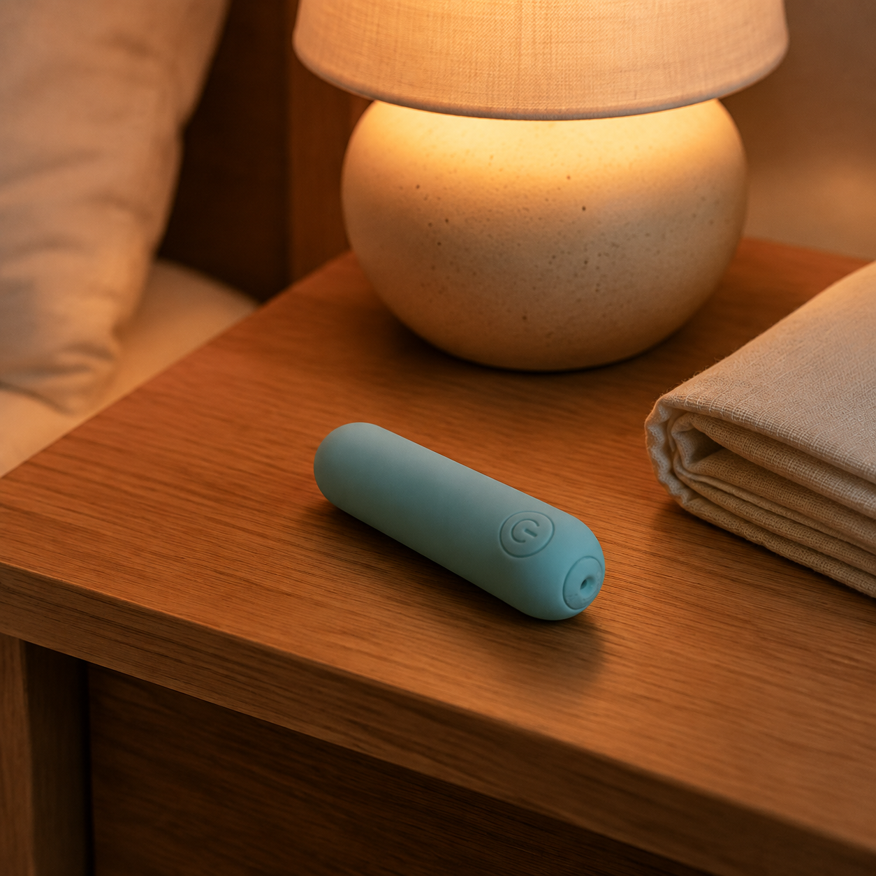 Groene FlexToyz bullet vibrator op warm houten nachtkastje in een slaapkamer