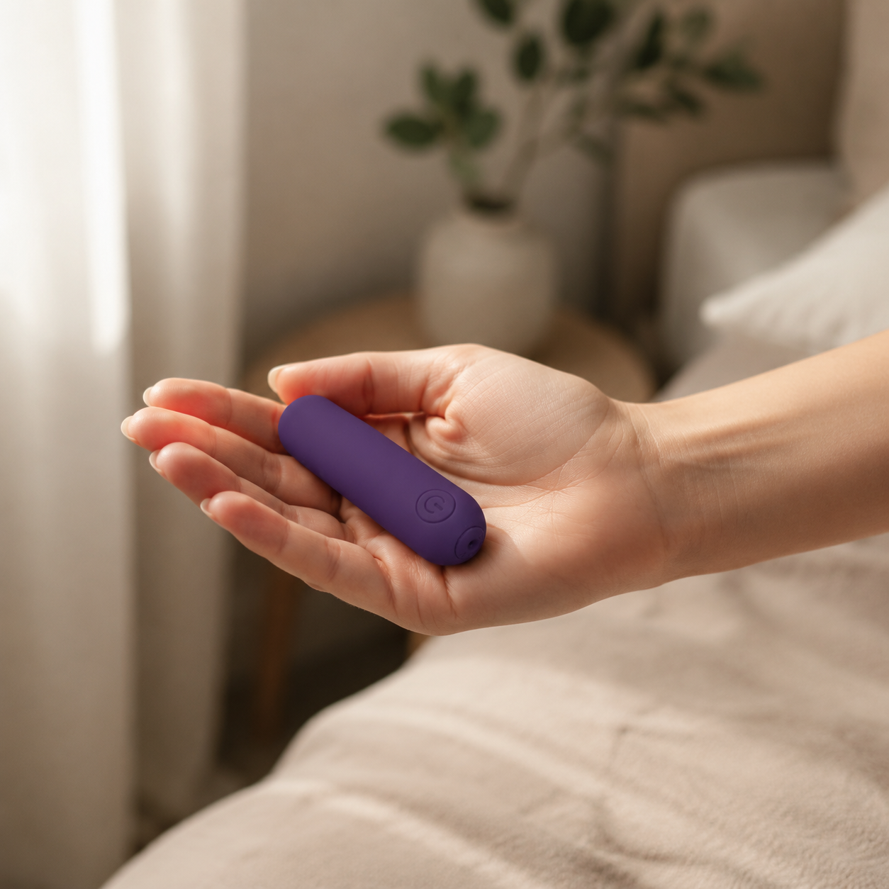 Hand houdt compacte paarse FlexToyz bullet vibrator voor duidelijke schaalweergave
