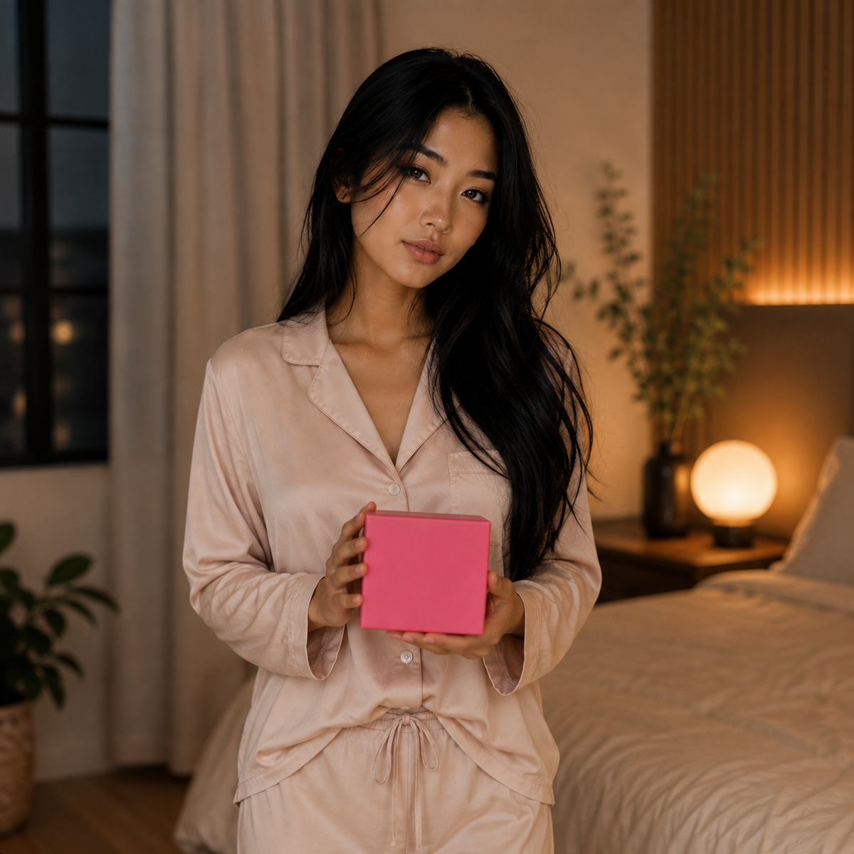 Hana in volledig geklede pyjama presenteert een gesloten roze geschenkdoos voor FlexToyz