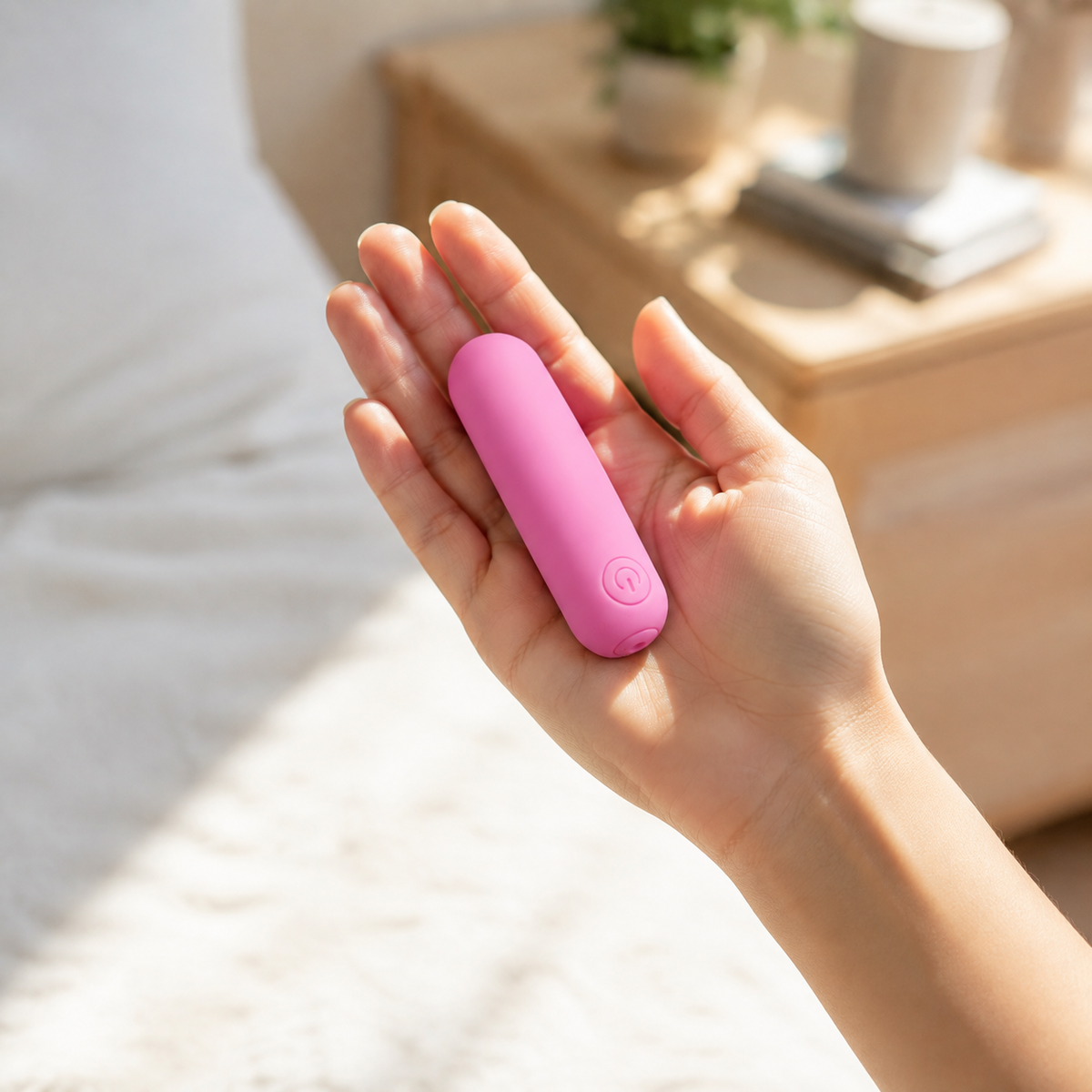 Hand houdt compacte roze FlexToyz bullet vibrator voor duidelijke schaalweergave