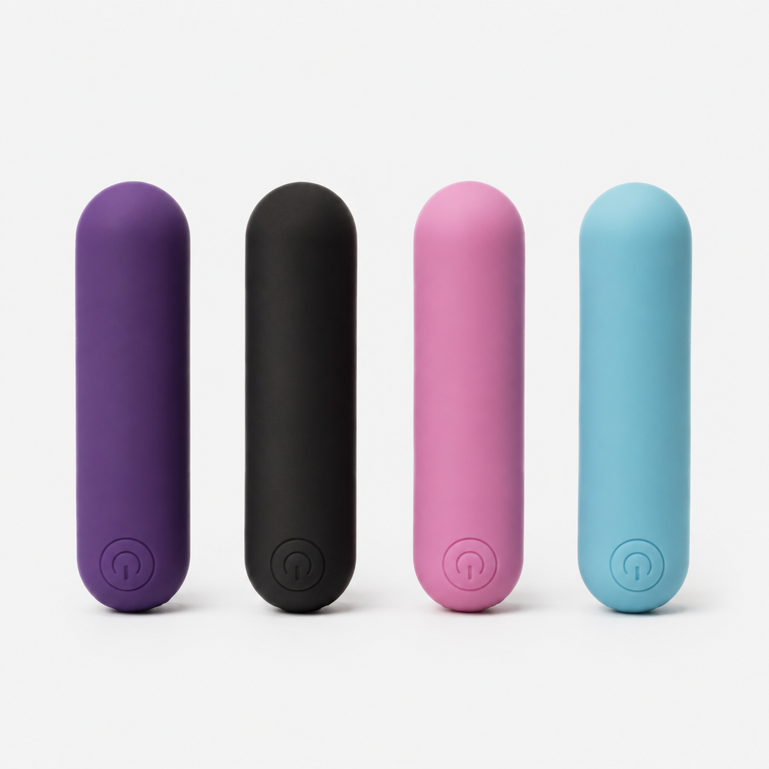 FlexToyz bullet set van vier in paars zwart roze en turquoise op neutrale achtergrond