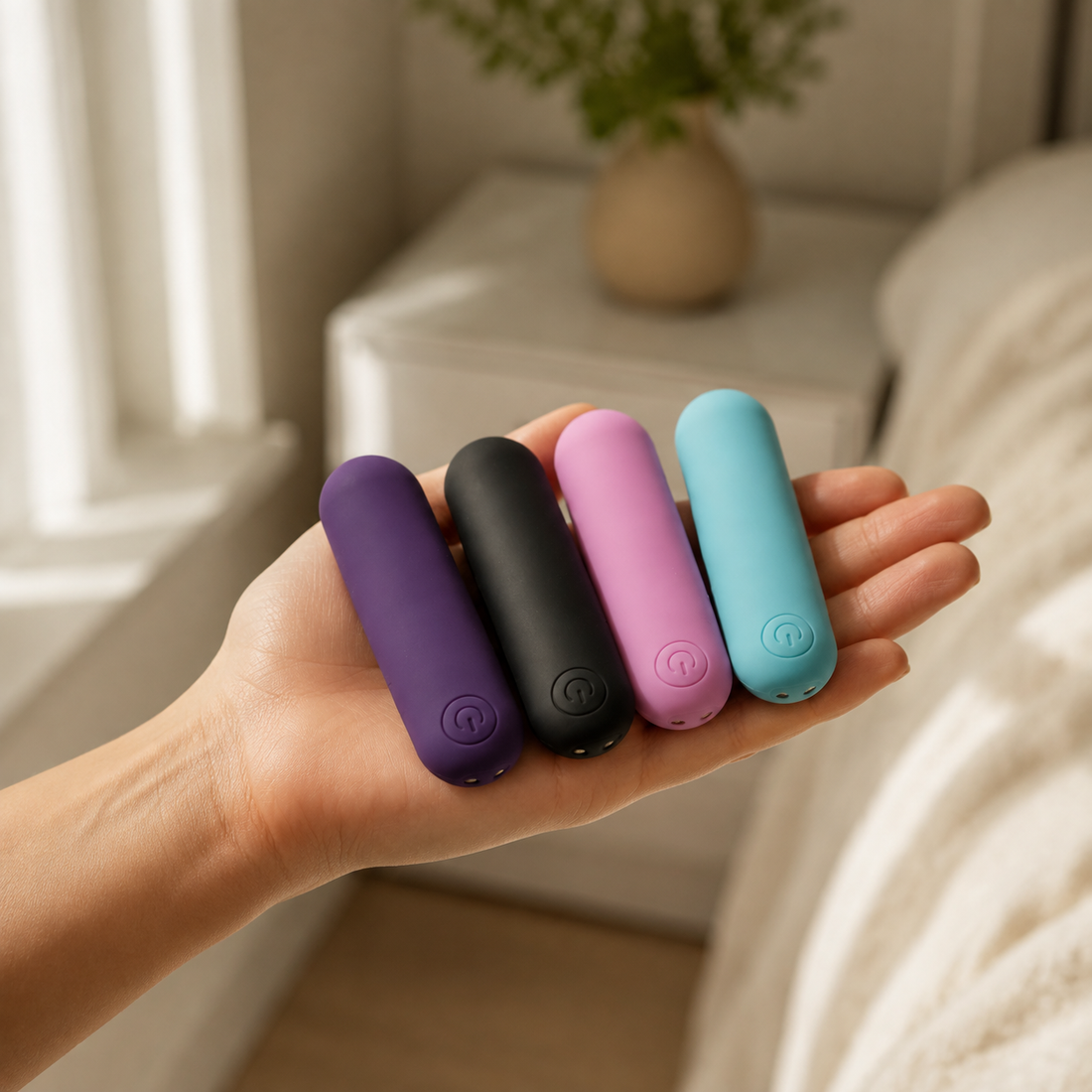 Hand houdt vier compacte FlexToyz bullets in paars zwart roze en turquoise voor schaal