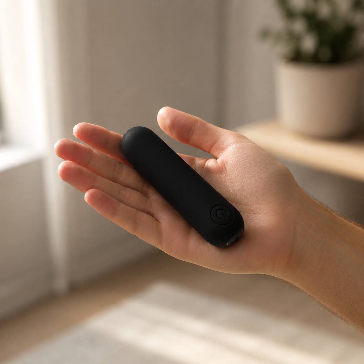 Hand houdt compacte zwarte FlexToyz bullet vibrator voor duidelijke schaalweergave