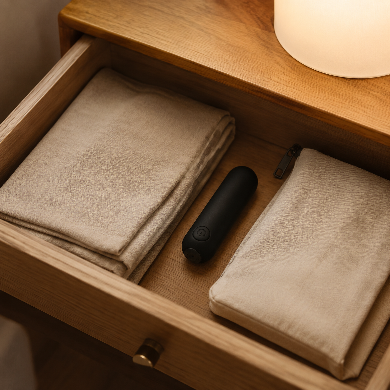 Zwarte FlexToyz bullet vibrator in open houten nachtkastlade met beige linnen