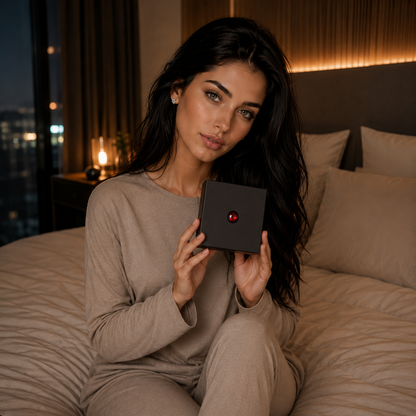 Camille presenteert volledig gekleed een gesloten zwarte FlexToyz productdoos met rood accent