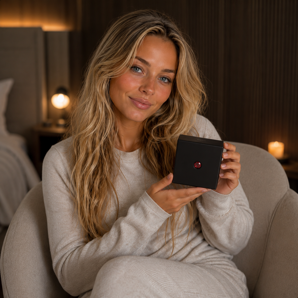Freya presenteert volledig gekleed een gesloten zwarte FlexToyz productdoos met rood accent