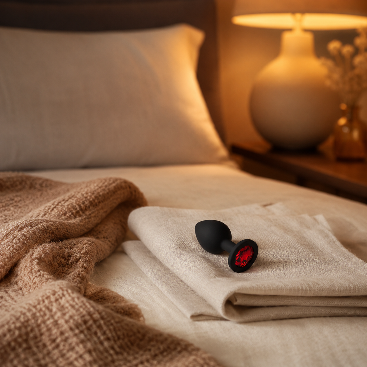 Zwarte FlexToyz buttplug Small met rode diamant op gevouwen linnen in warme slaapkamer