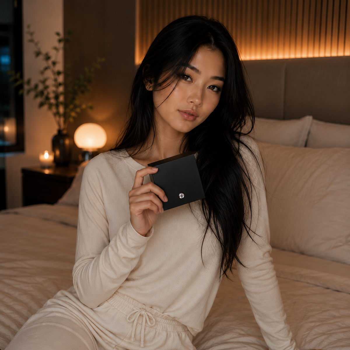 Hana presenteert volledig gekleed een gesloten zwarte FlexToyz productdoos met kristalaccent