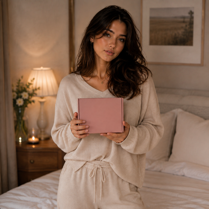 Alessia in volledig geklede loungewear presenteert gesloten roze FlexToyz verpakking