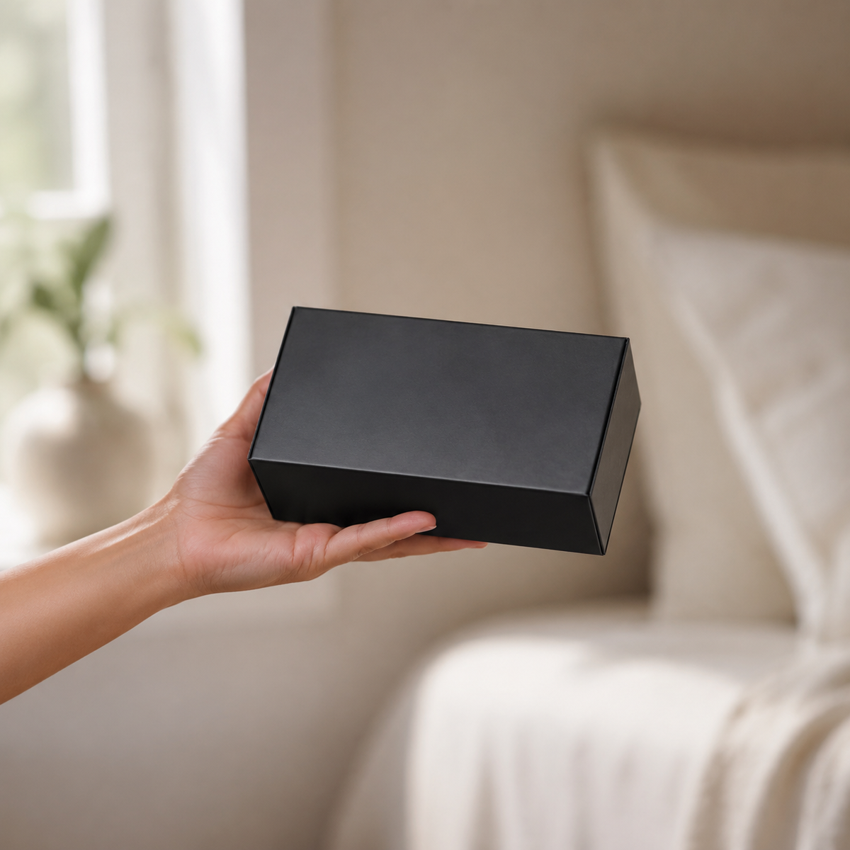Hand houdt gesloten matzwarte FlexToyz giftbox voor duidelijke schaalweergave