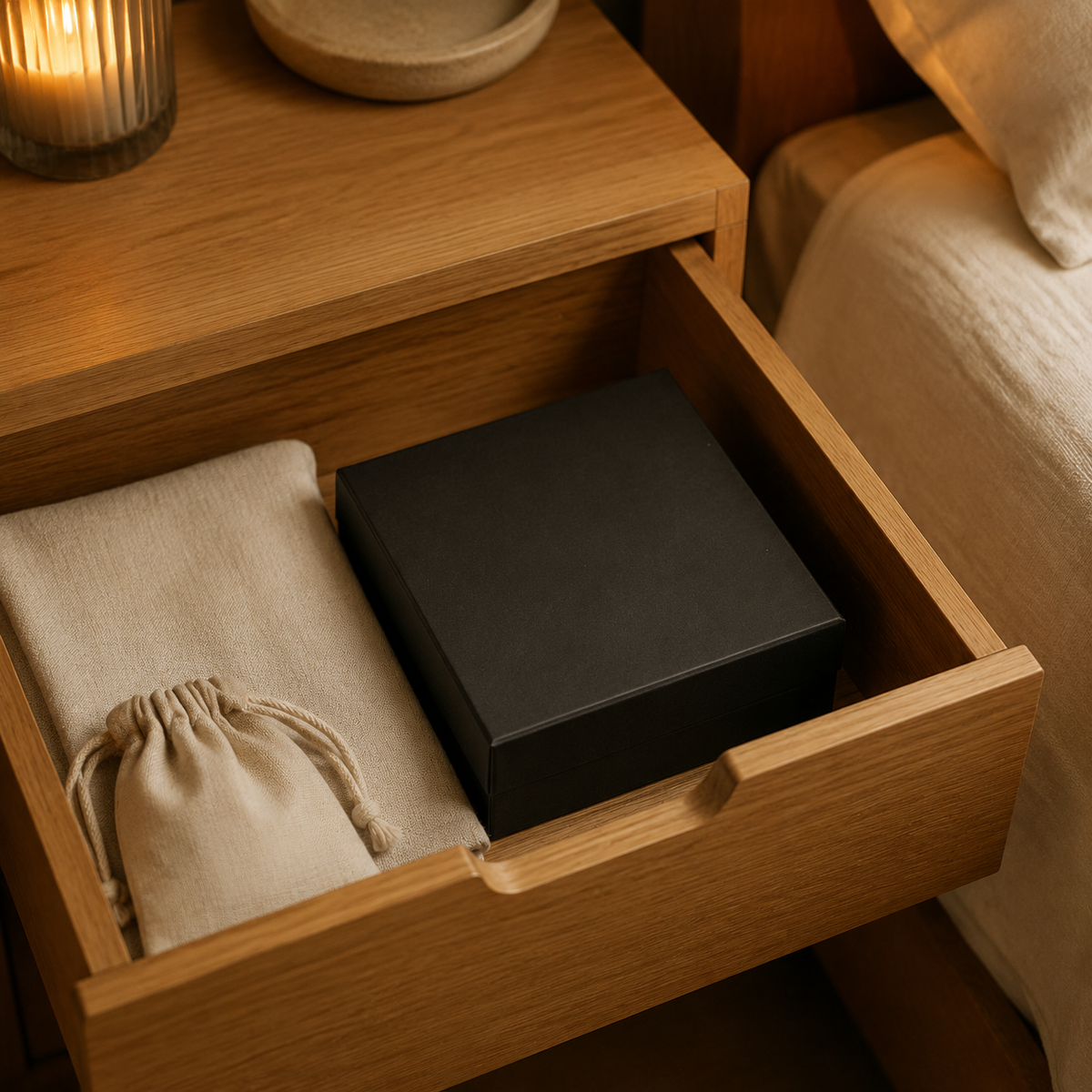 Gesloten zwarte FlexToyz giftbox in open houten nachtkastlade met linnen accessoires