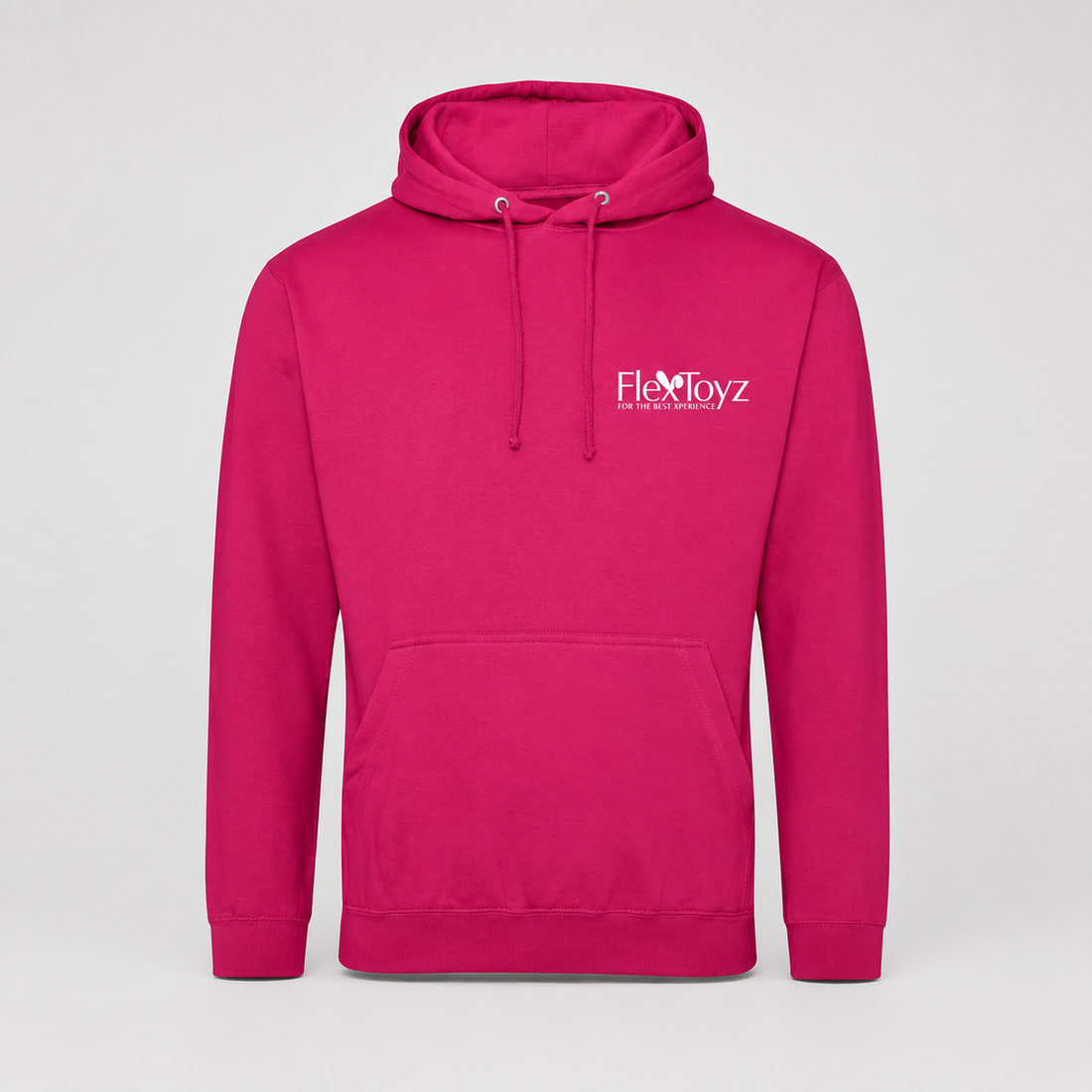 Framboosroze FlexToyz hoodie met witte borstprint op neutrale achtergrond